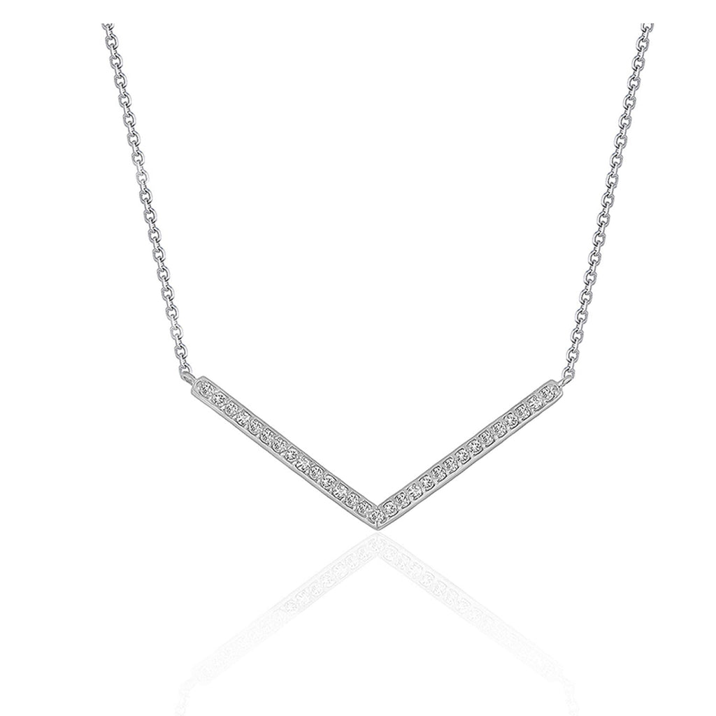 Front view of 14K white gold diamond chevron pendant necklace on 18 inch cable chain