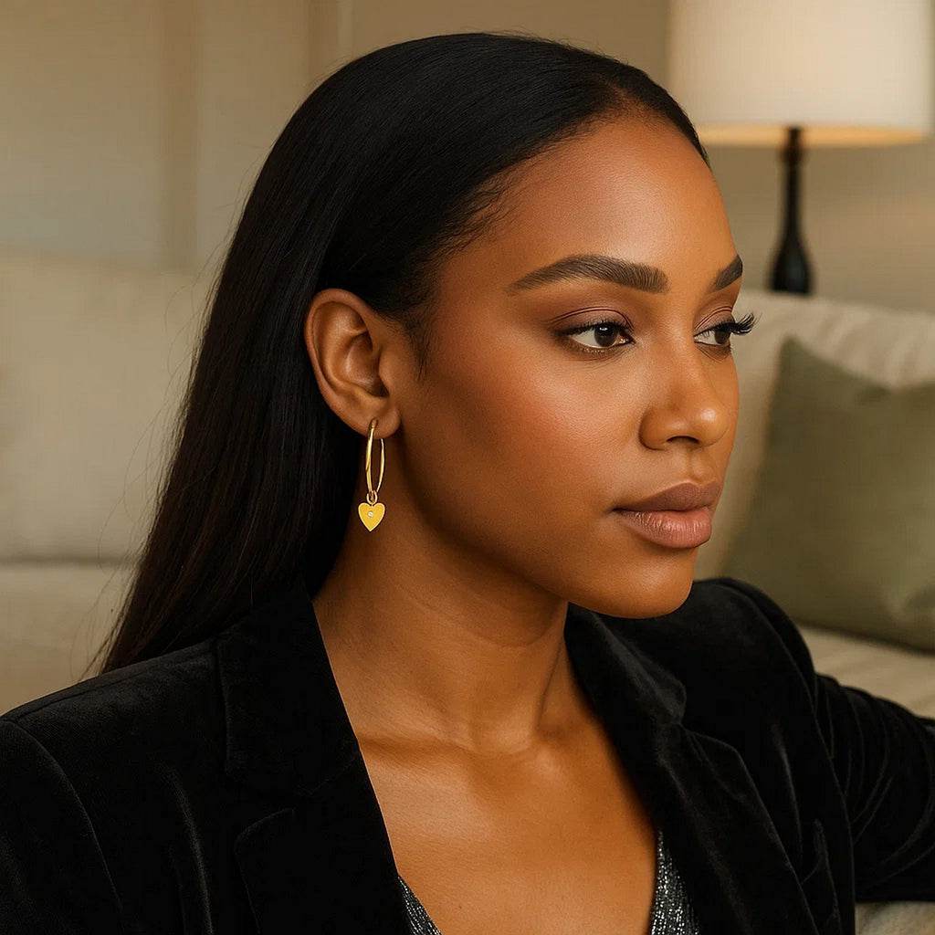 Diamond Heart Charm Hoop Earrings | 14K Gold