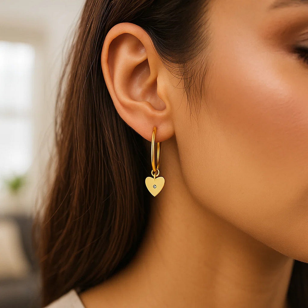 Diamond Heart Charm Hoop Earrings | 14K Gold