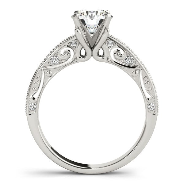 Round Diamond Engagement Ring | Milgrain Pavé Set Band in 14K White Gold | 1.12 cttw