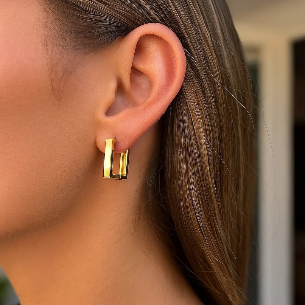 Rectangle Huggie Hoops | 14K Gold