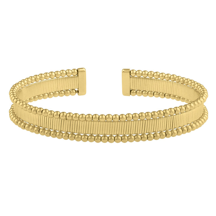 Ribbed pallina cuff in 14K yellow gold with bead edges, 9mm wide, open front facing up