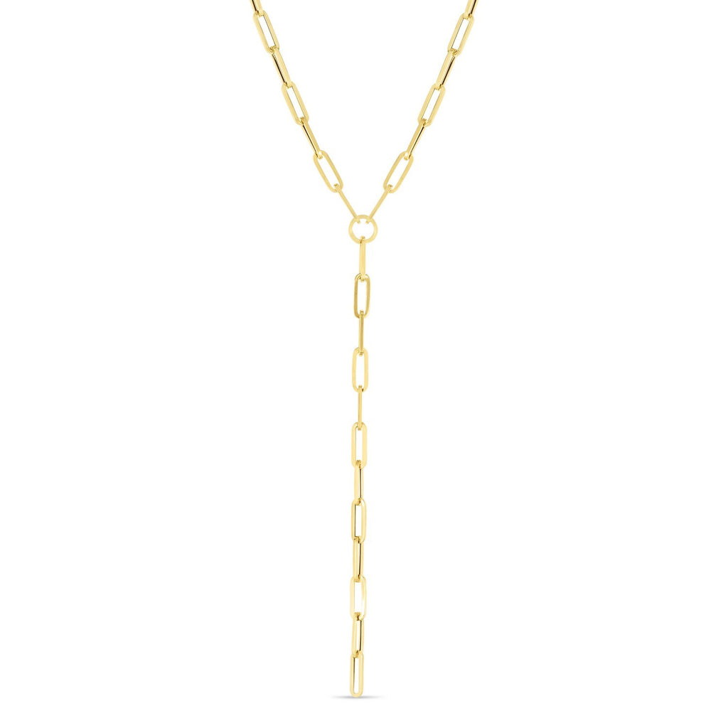 lariat paperclip long 14k gold chain necklace