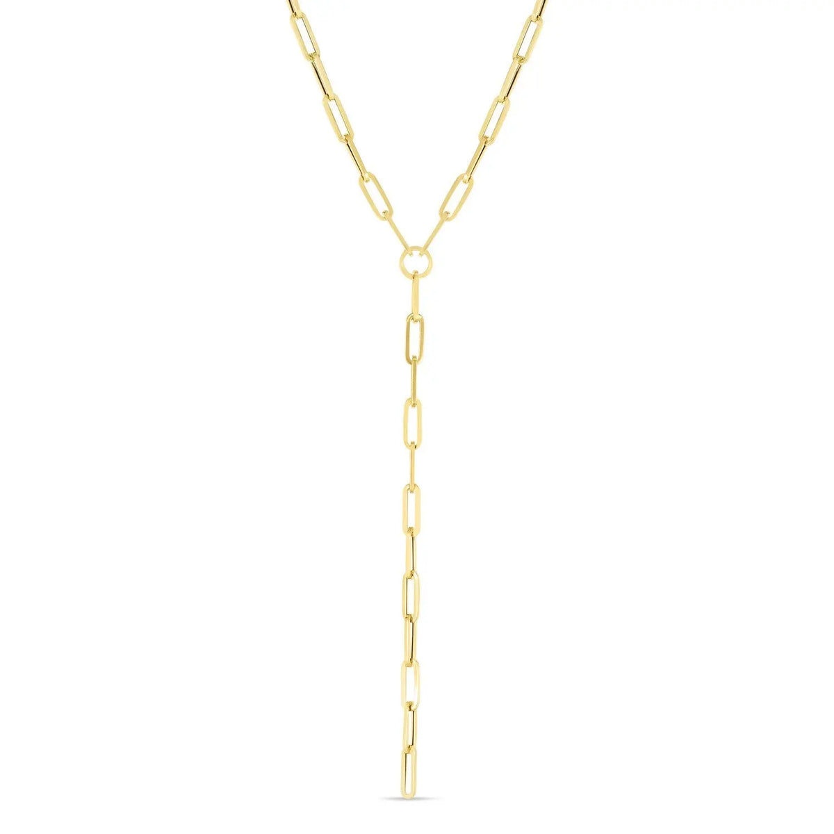 lariat paperclip long 14k gold chain necklace