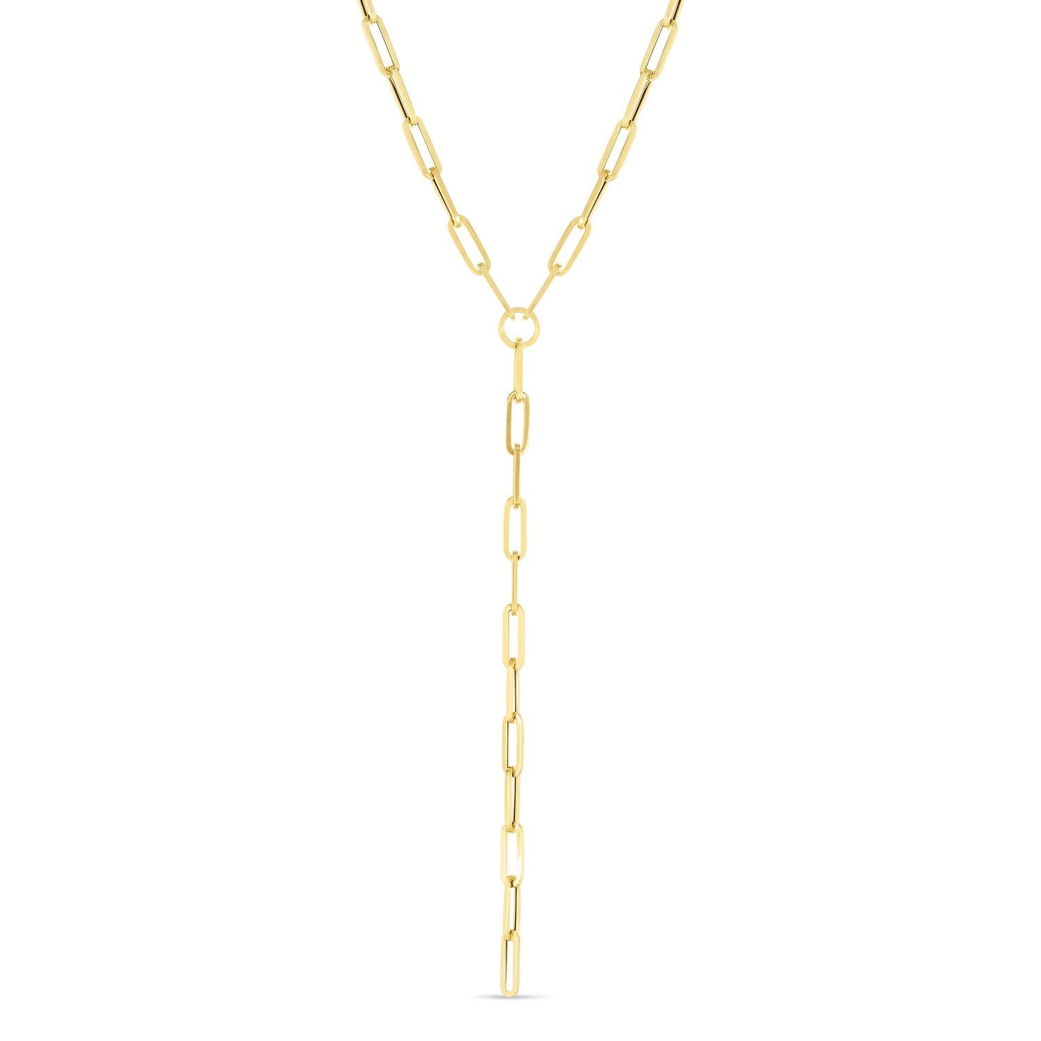 lariat paperclip long 14k gold chain necklace