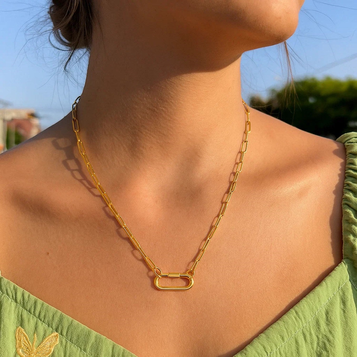 Paperclip Chain Necklace with Carabiner Clasp in 14K Yellow Gold
