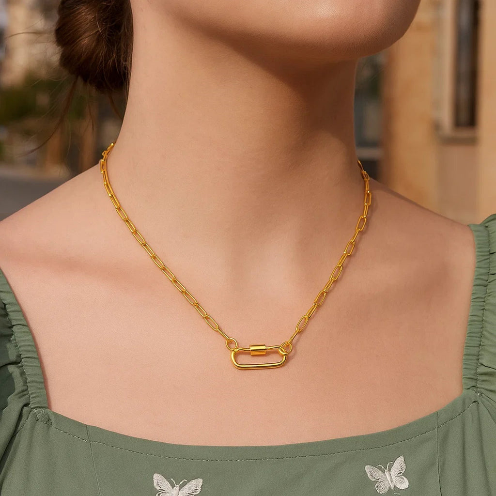 Paperclip Chain Necklace with Carabiner Clasp in 14K Yellow Gold
