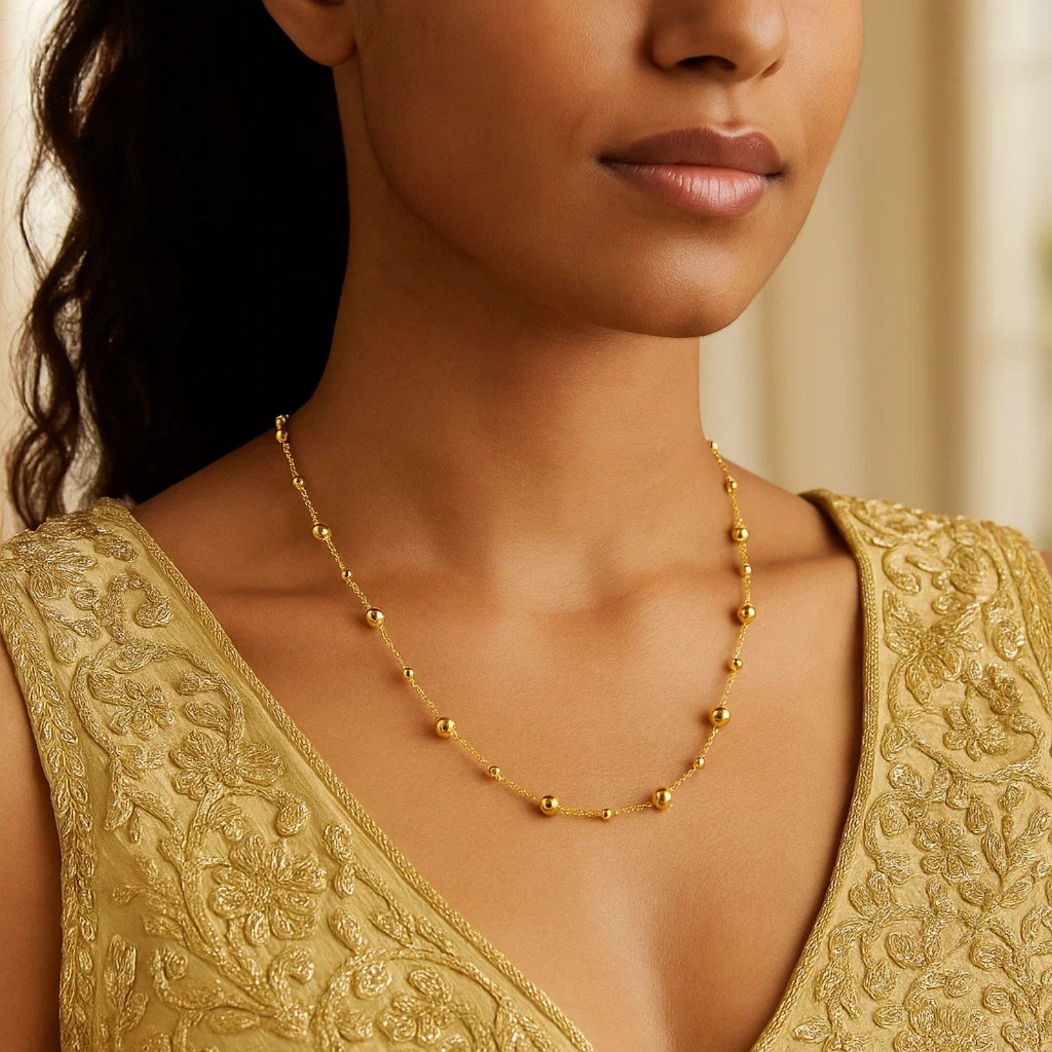 Polished Bead Station Necklace in 14K Yellow Gold