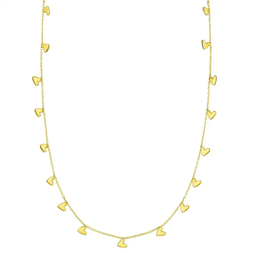 14k yellow gold 18" chain necklace with dangling puffy hearts 