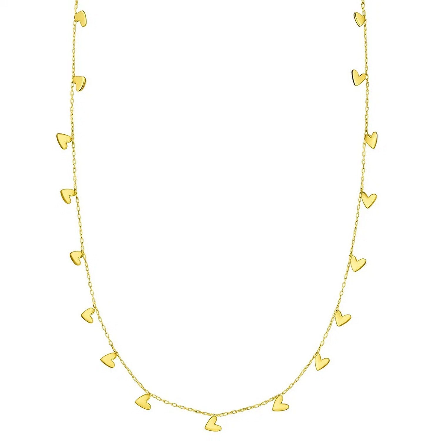 14k yellow gold 18" chain necklace with dangling puffy hearts 