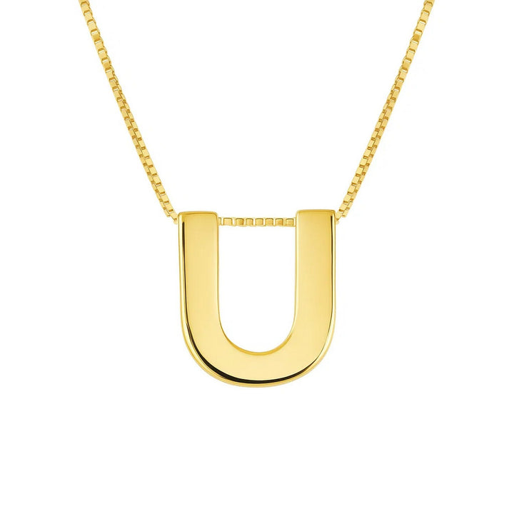Front view of the polished block letter U in 14K yellow gold on a box chain