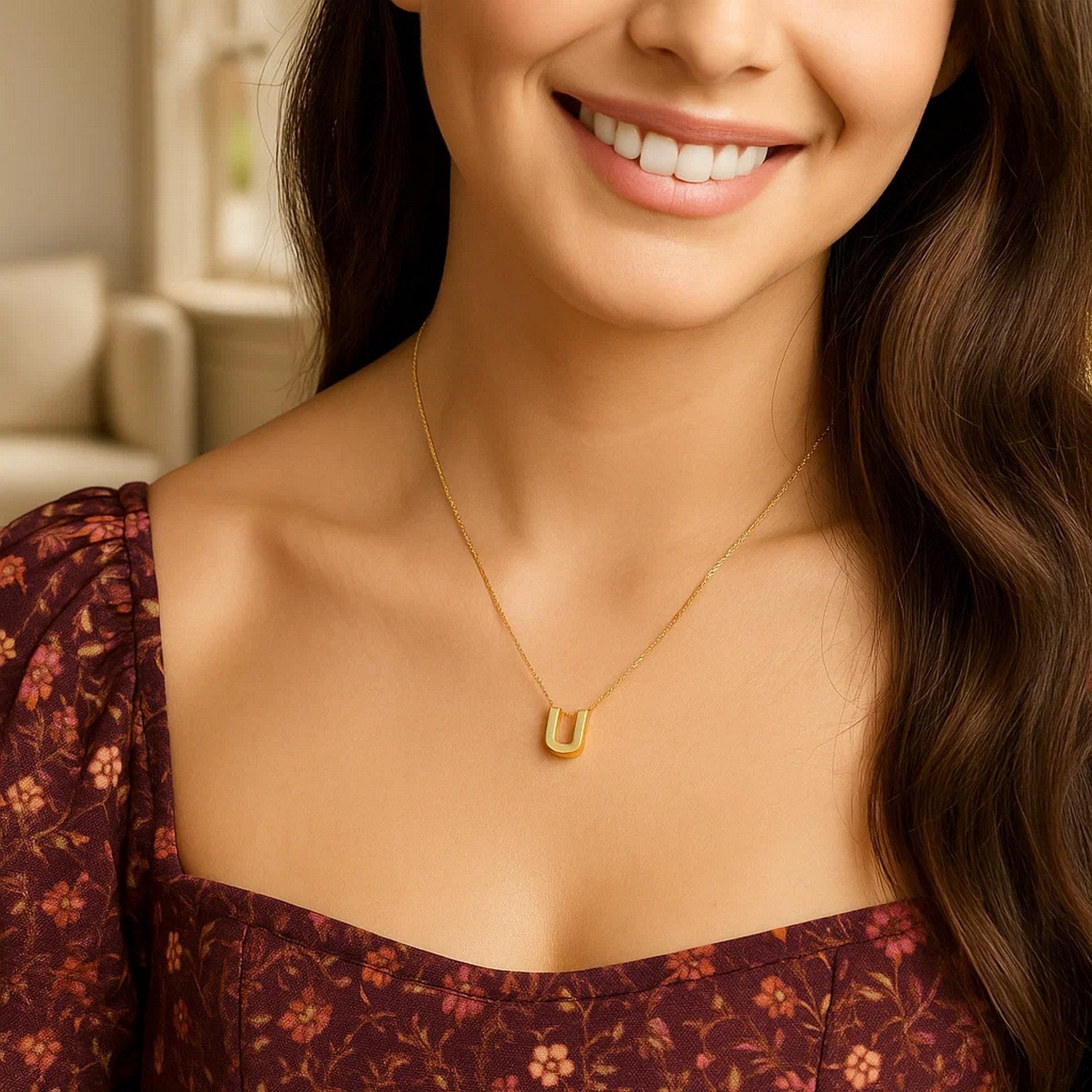 14K Yellow Gold Yours Truly Block Letter Initial U Necklace