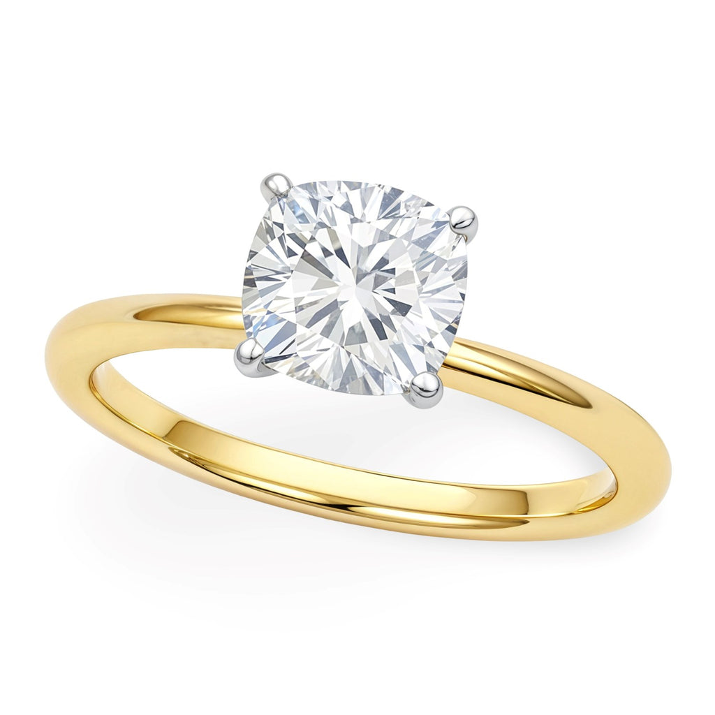 solitaire engagement lab grown cushion cut diamond ring in 14k yellow gold 