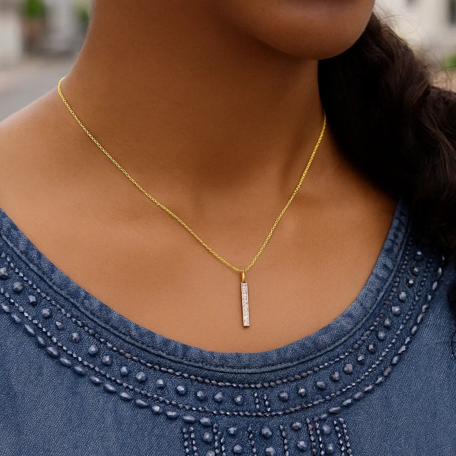 Diamond Bar Pendant Necklace in 14K Yellow Gold
