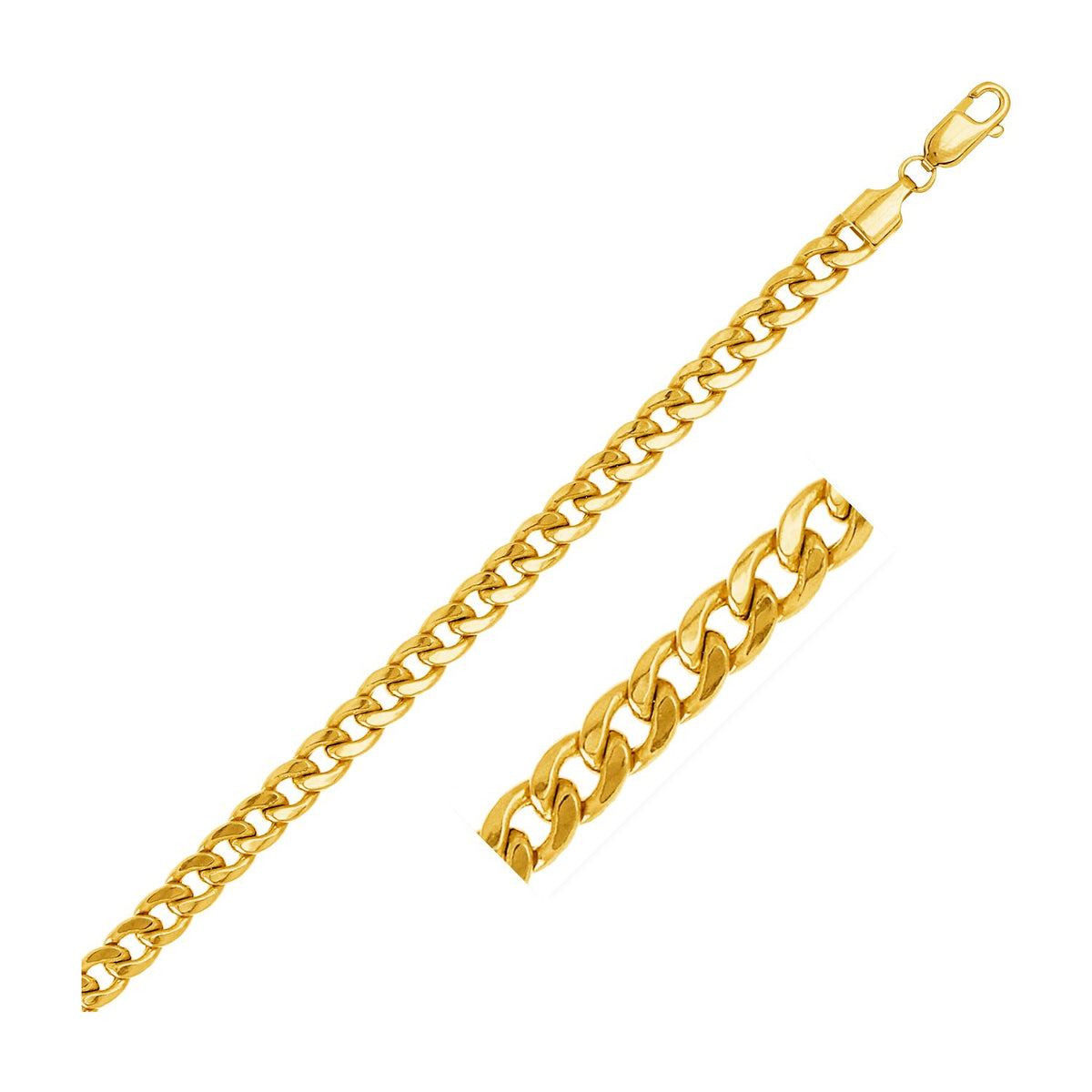 Semi-solid Miami Cuban chain in 14K yellow gold, 5.50mm, with a close-up of the flat links