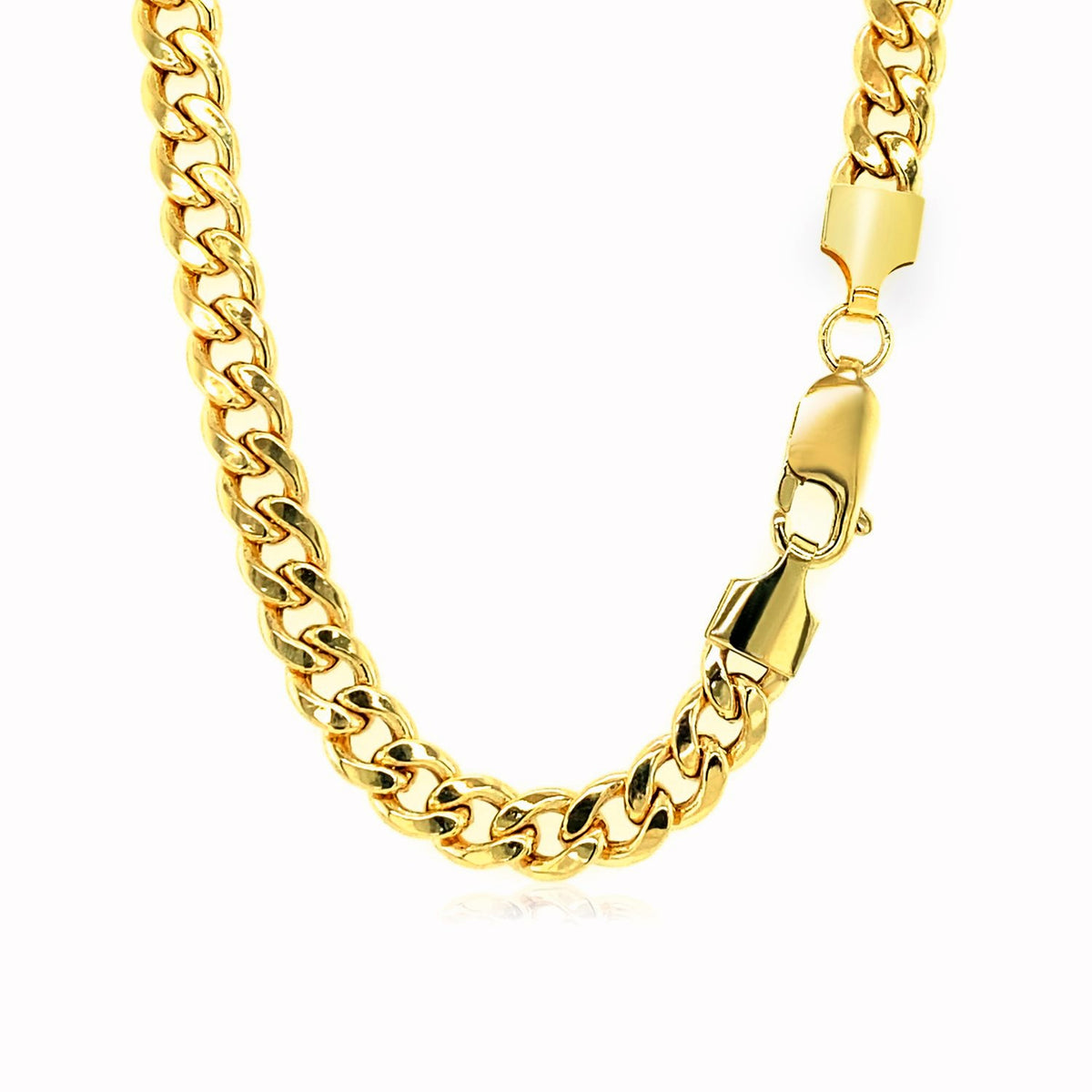 Lobster clasp and end caps on the 5.50mm Miami Cuban chain in 14K yellow gold
