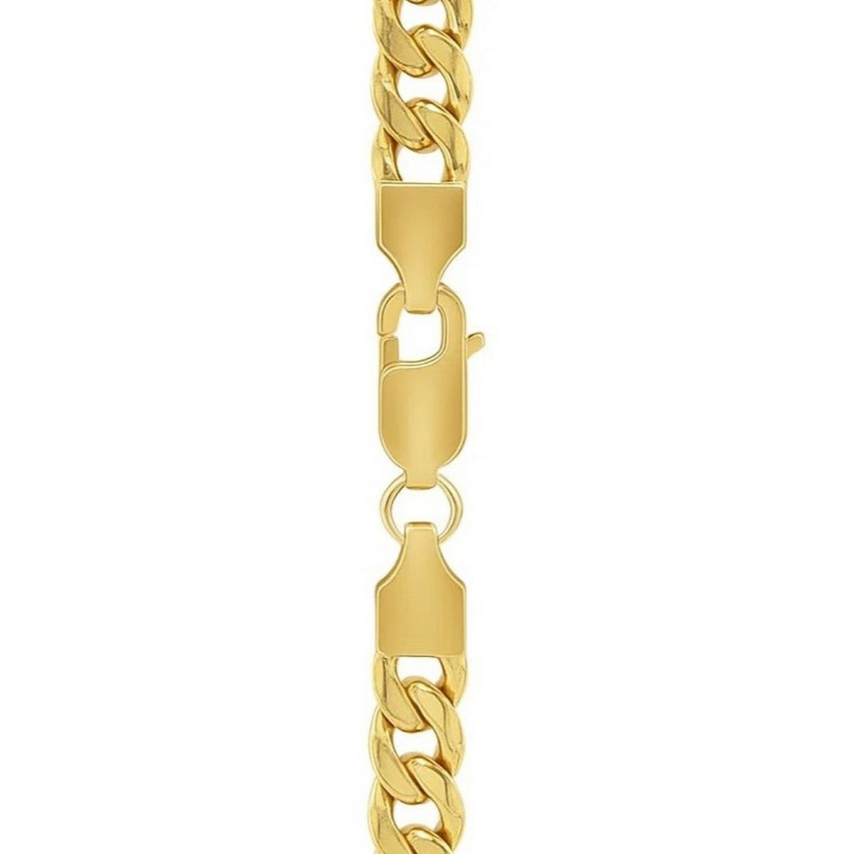Lobster clasp held between two end caps on a 14K yellow gold Miami Cuban chain