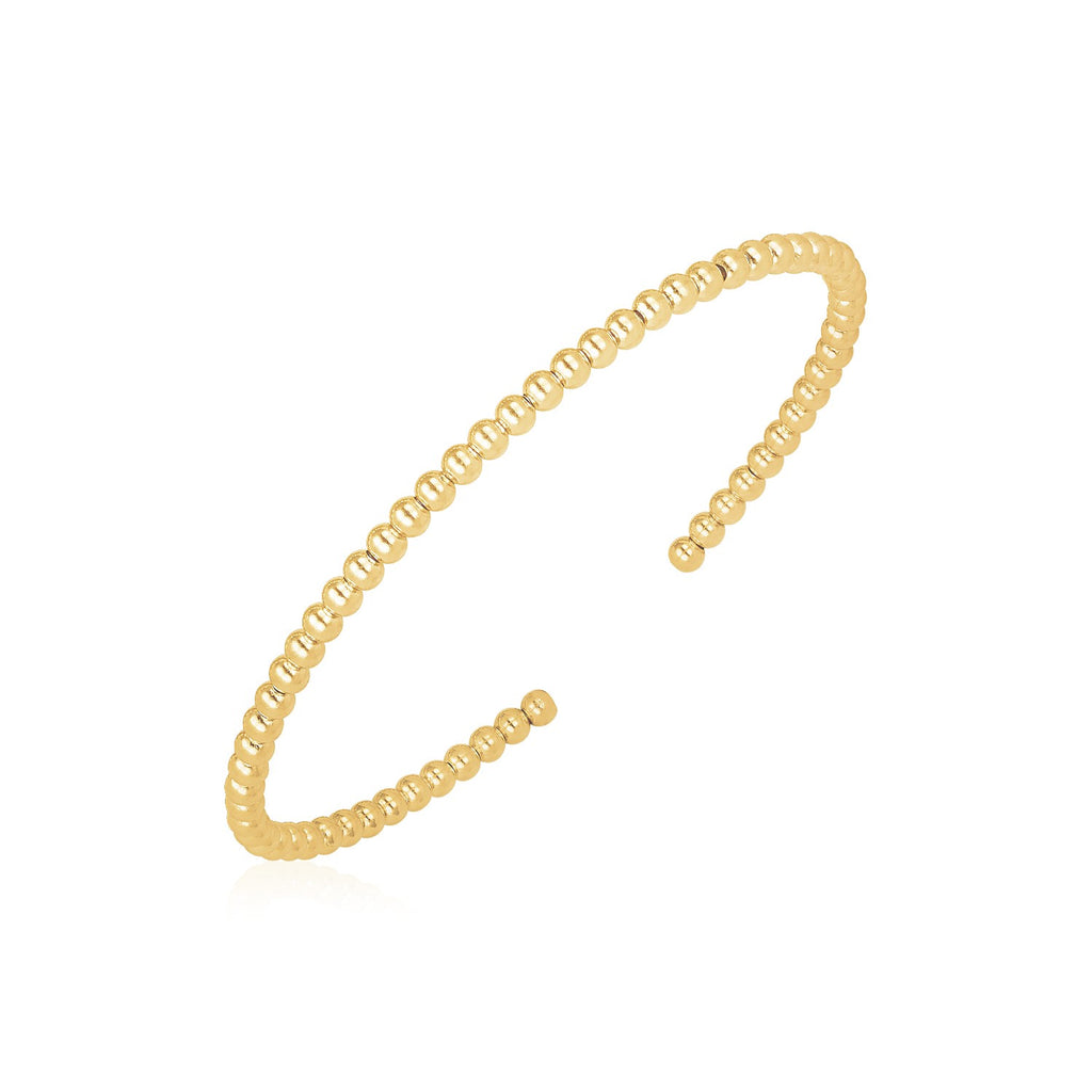 Front view of solid 14K yellow gold high polish bead cuff bangle, 3.00 mm width, approx 5.7 g