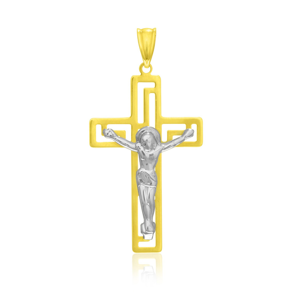 Crucifix pendant: open yellow gold cross frame with a white gold figure and yellow bail, shown without a chain
