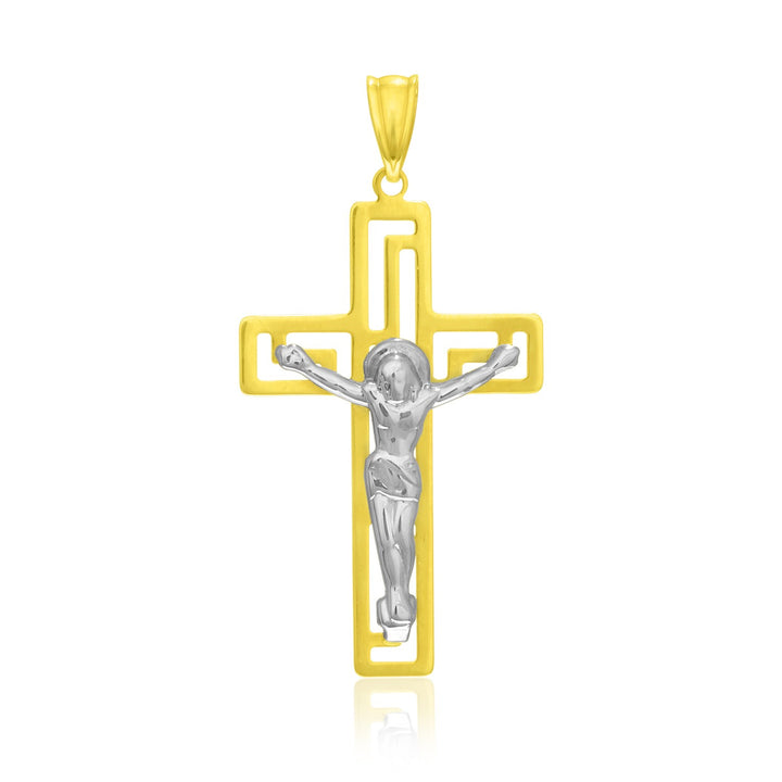 Crucifix pendant: open yellow gold cross frame with a white gold figure and yellow bail, shown without a chain
