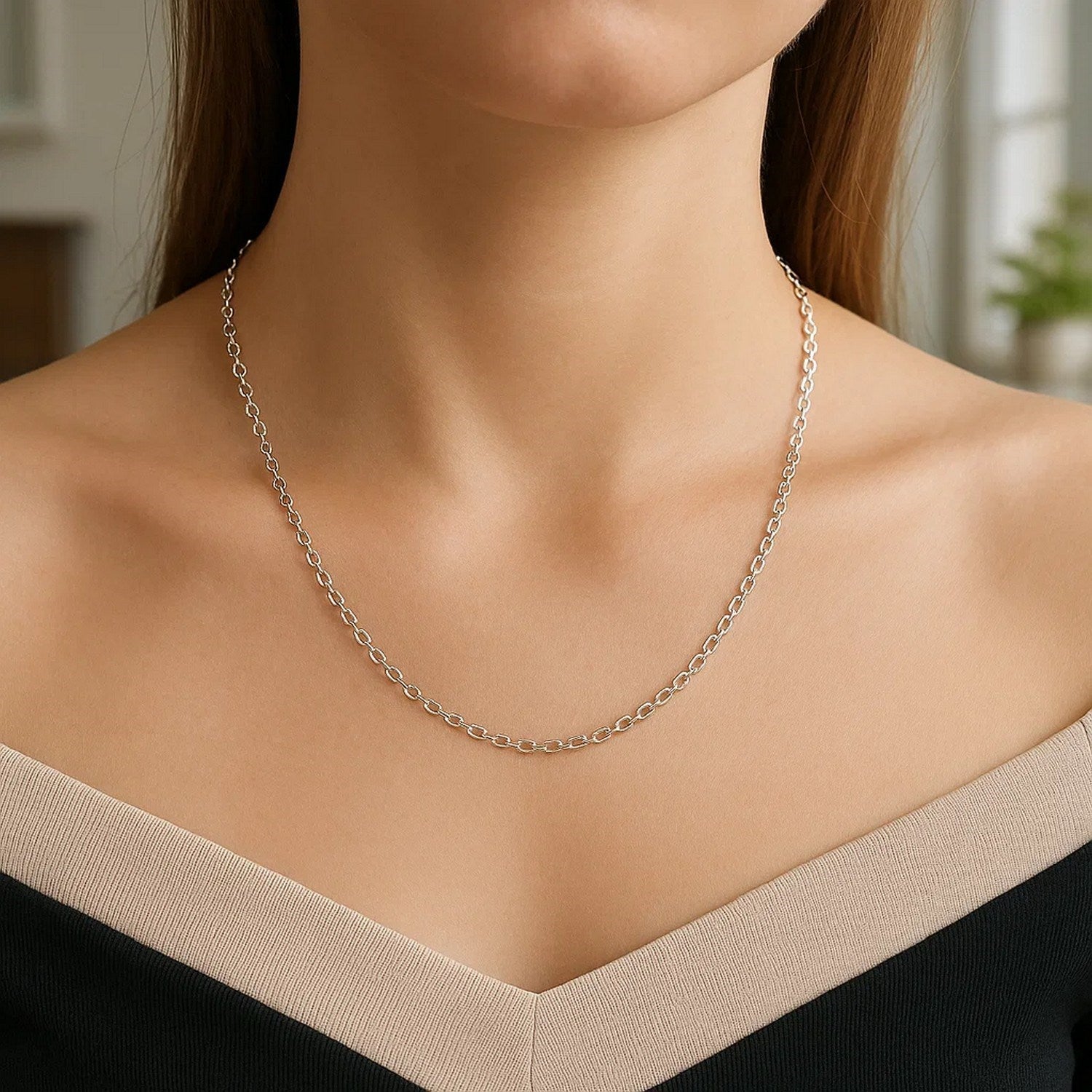 Round cable link chain necklace in 14K white gold, 2.40mm