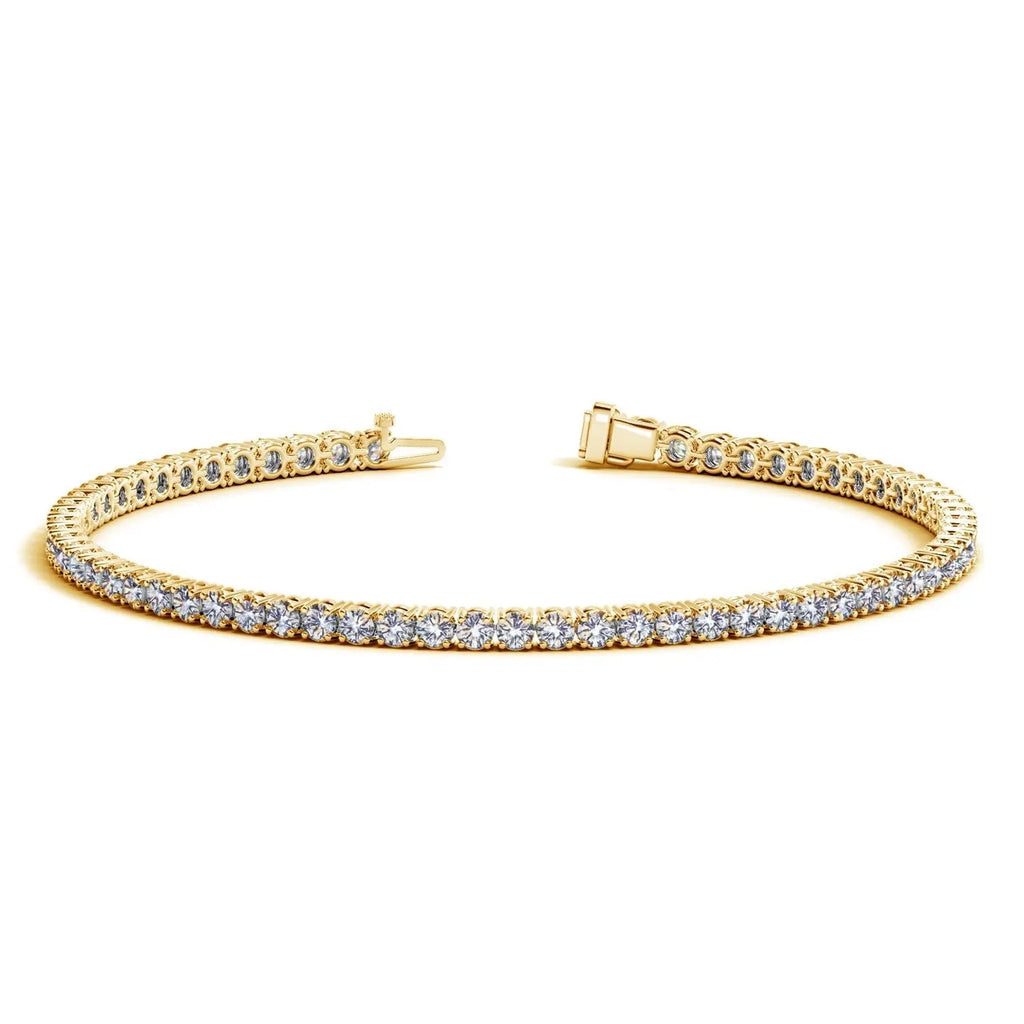Front view of 14K yellow gold lab-grown diamond tennis bracelet with round diamonds, four-prong setting, box clasp