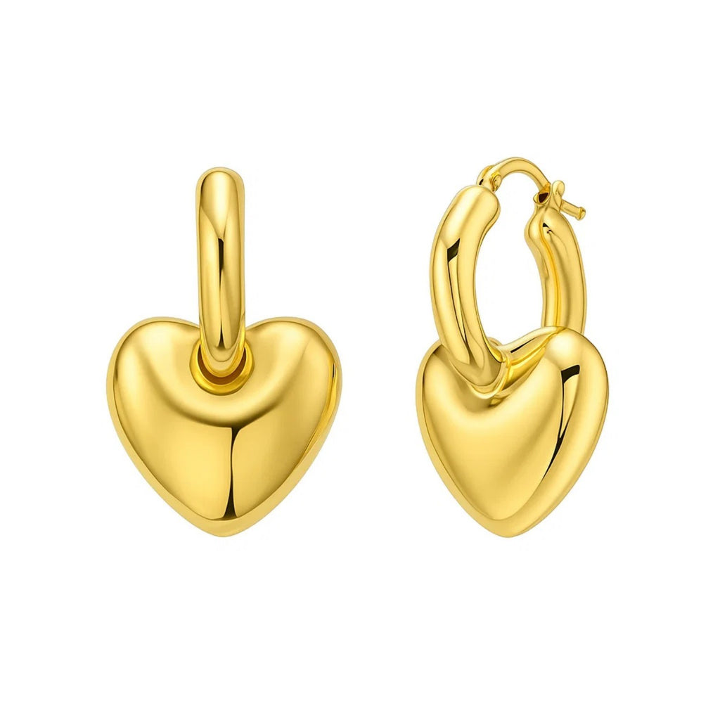 Puffy Heart Dangle Huggie Hoops Earrings | 14K Gold