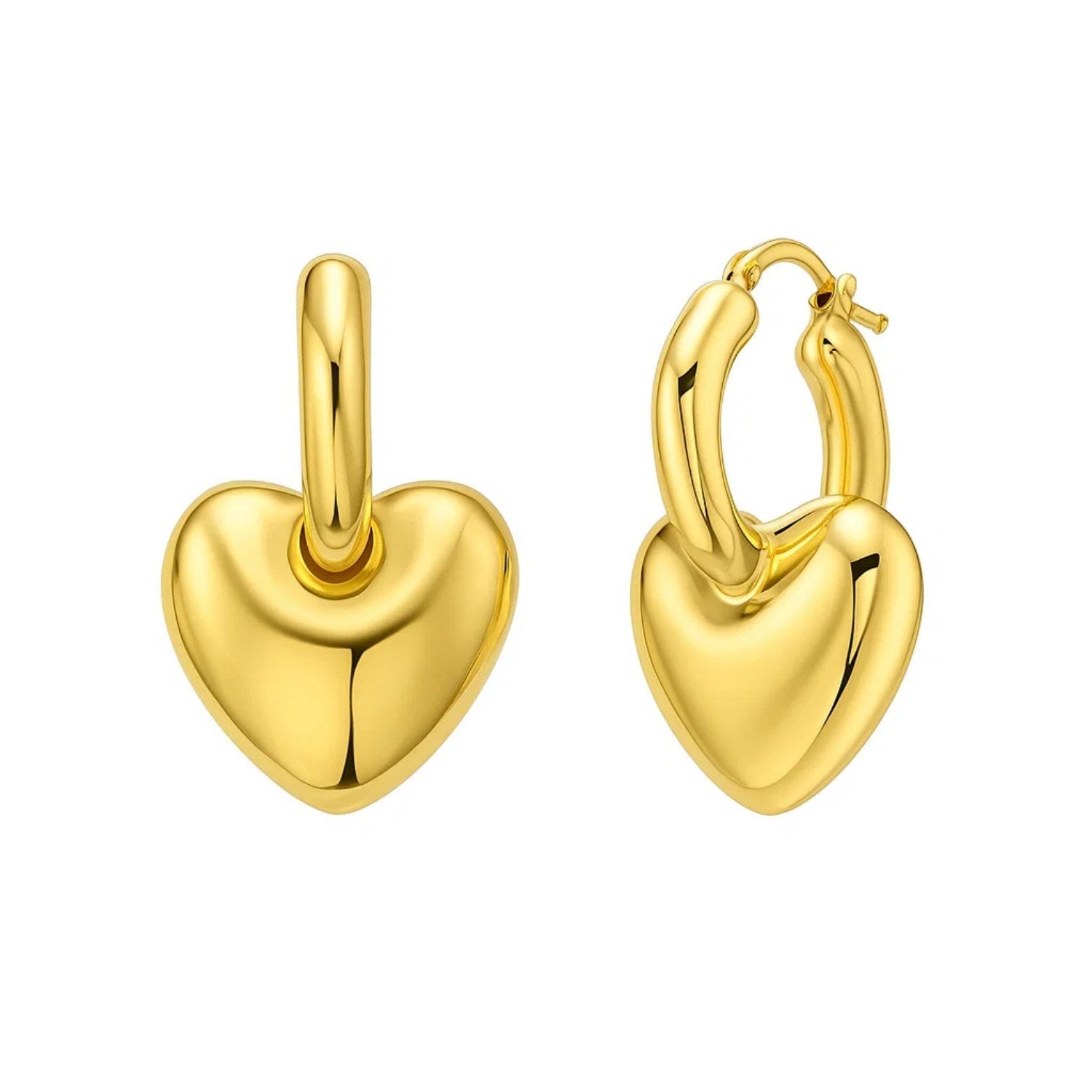 Puffy Heart Dangle Huggie Hoops Earrings | 14K Gold