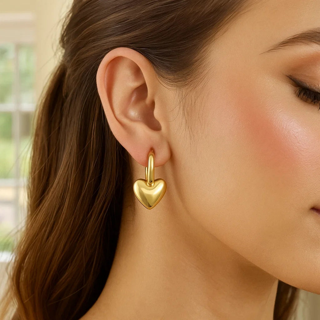 Puffy Heart Dangle Huggie Hoops Earrings | 14K Gold