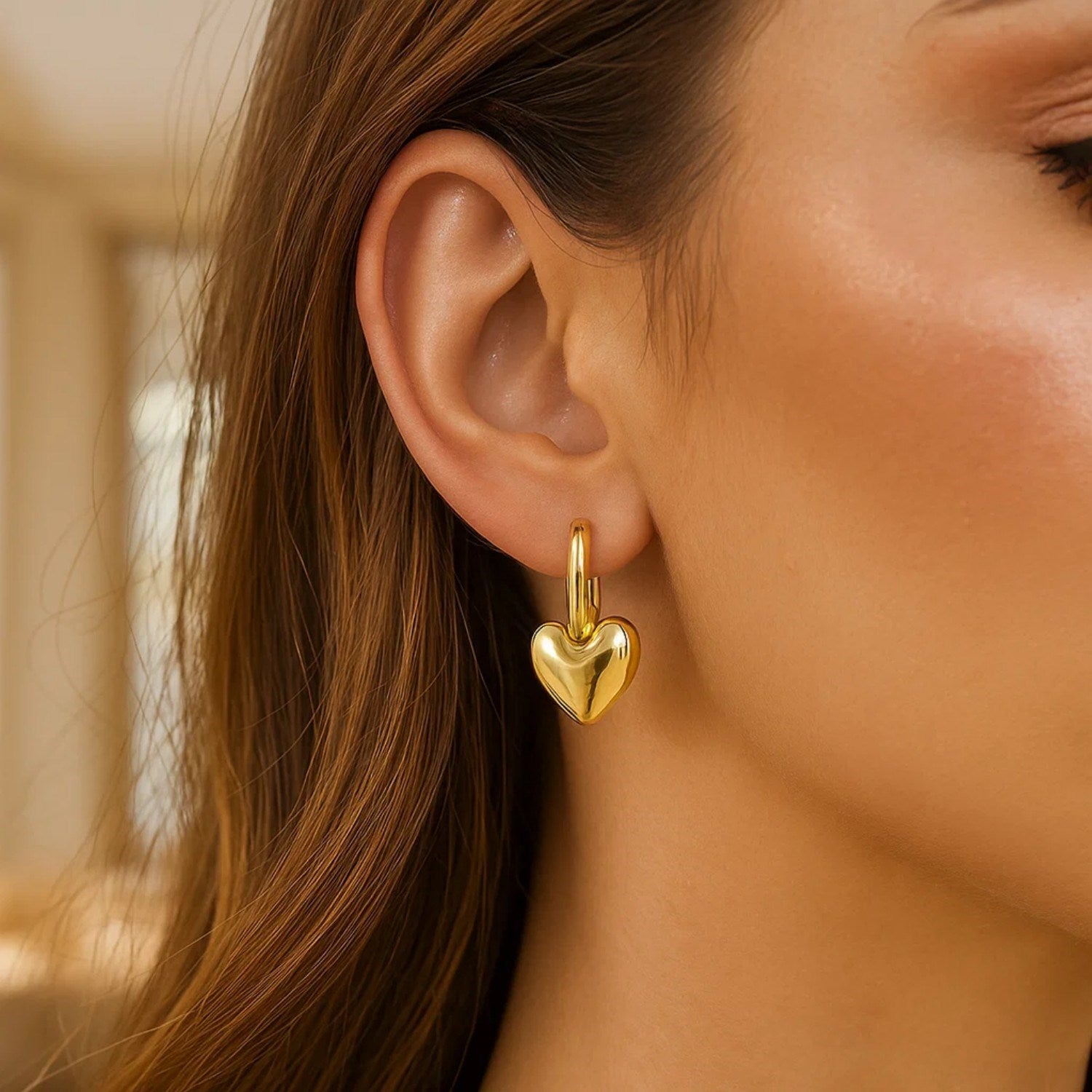 Puffy Heart Dangle Huggie Hoops Earrings | 14K Gold