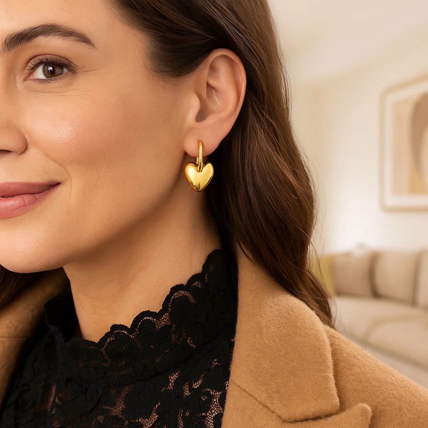 Puffy Heart Dangle Huggie Hoops Earrings | 14K Gold