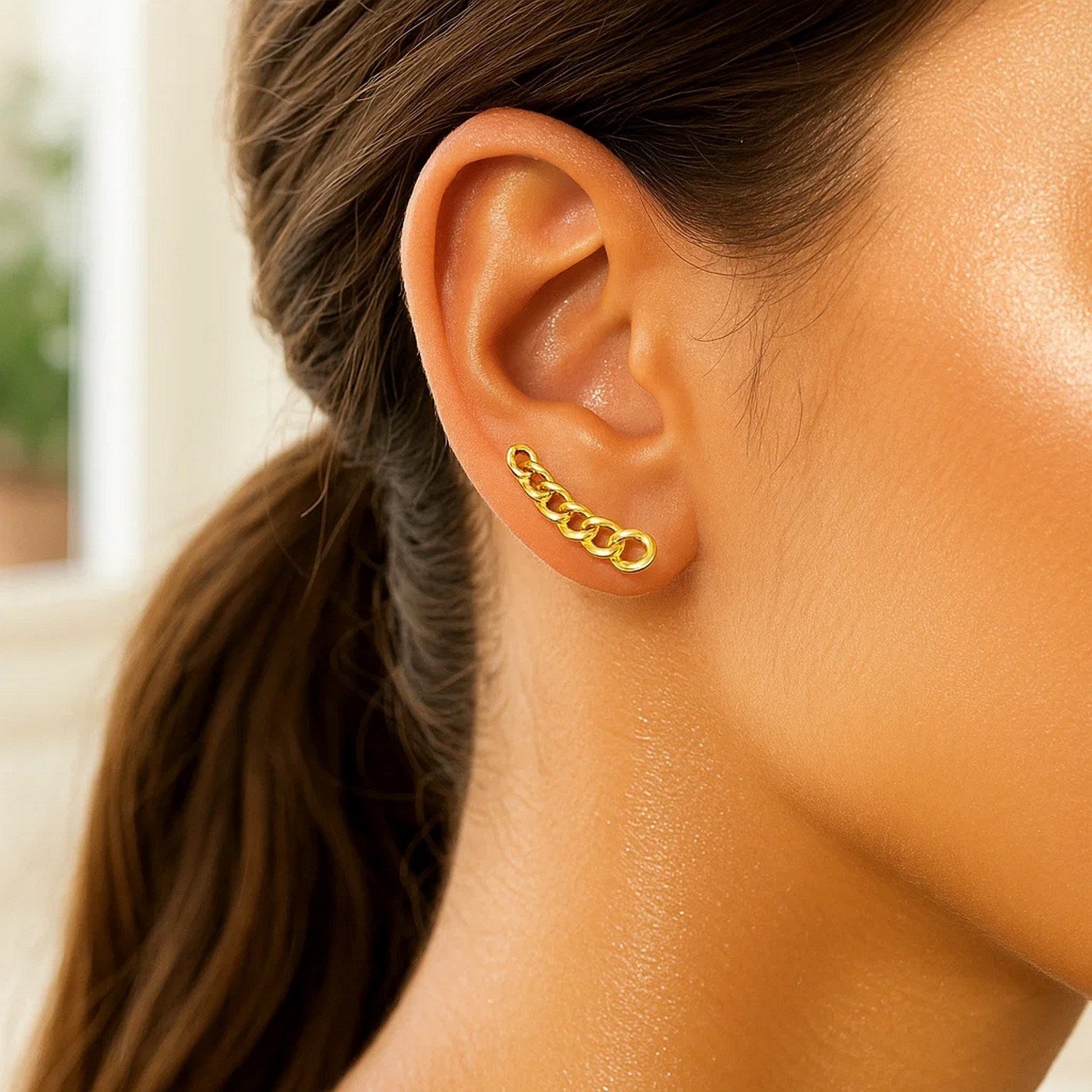 14K Yellow Gold Chain Link Climber Earrings