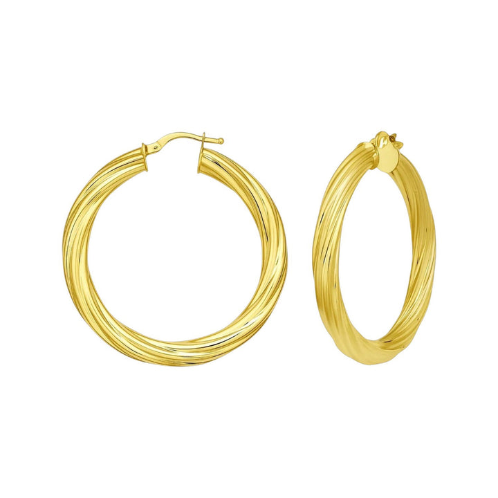 Full twist hoop earrings in 14K yellow gold, front and side view showing the spiral