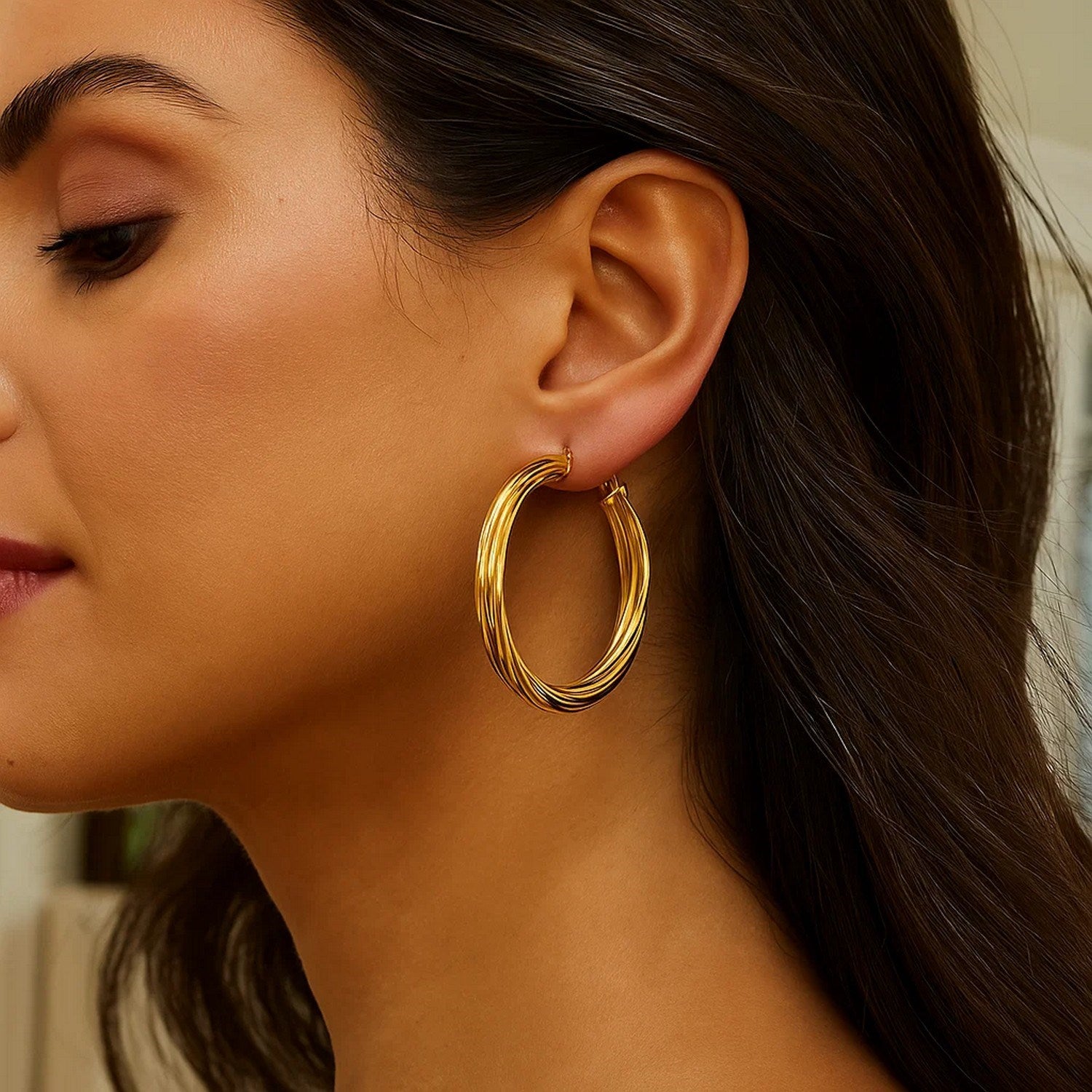 14K Yellow Gold Full Twist Large Hoops Earrings