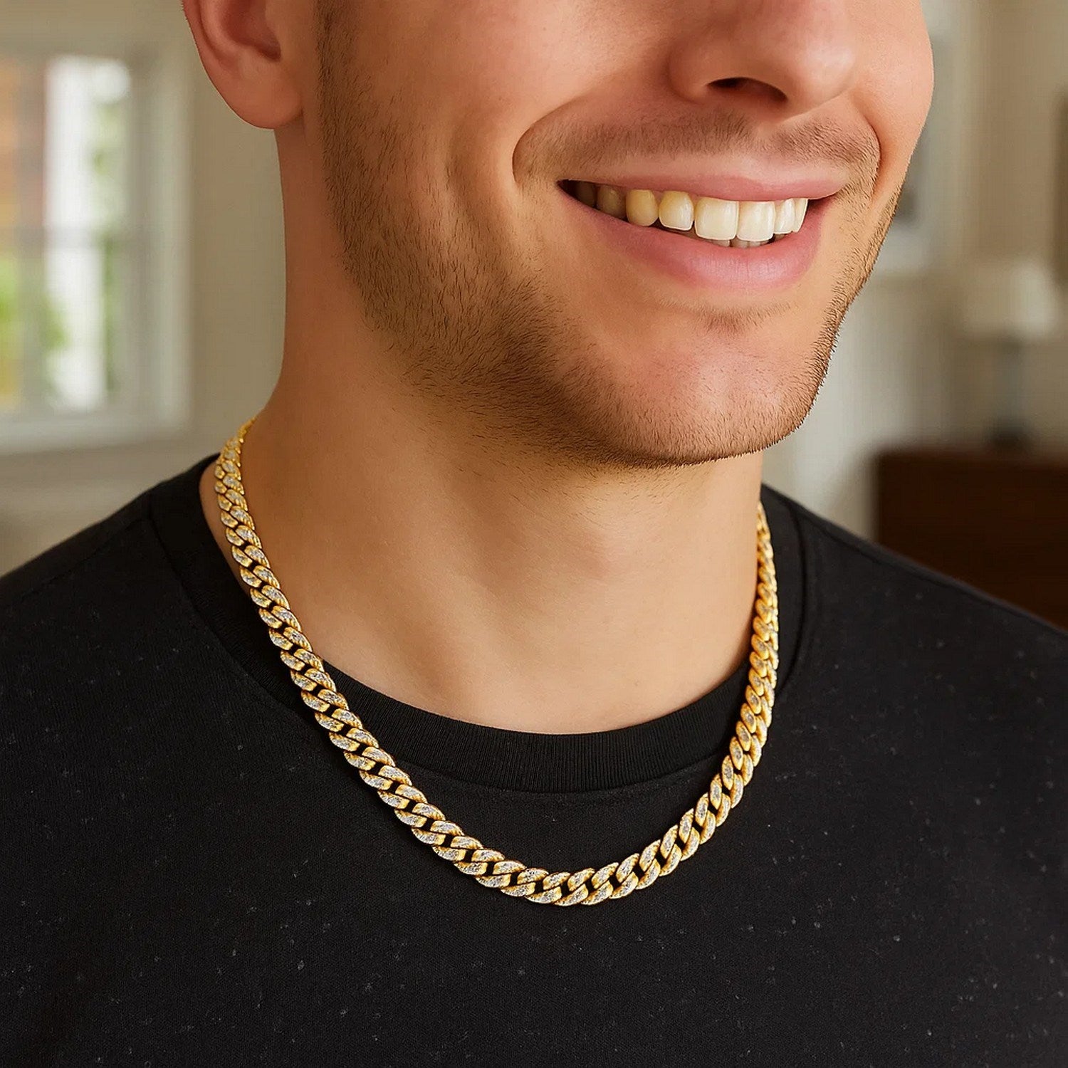 White Pavé Miami Cuban Chain Necklace in 14K Gold