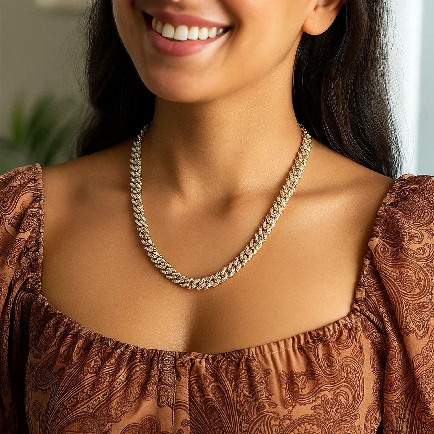 White Pavé Miami Cuban Chain Necklace in 14K Gold