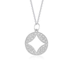 Front view of 14K white gold diamond circle pendant with cut-out design on 16 inch cable chain