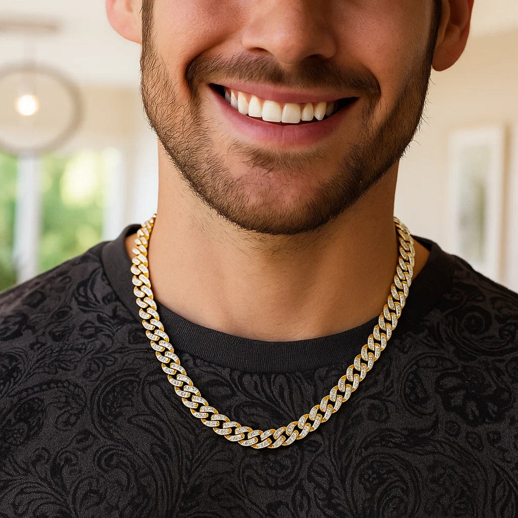 8.00mm two-tone Miami Cuban chain worn over a black T-shirt