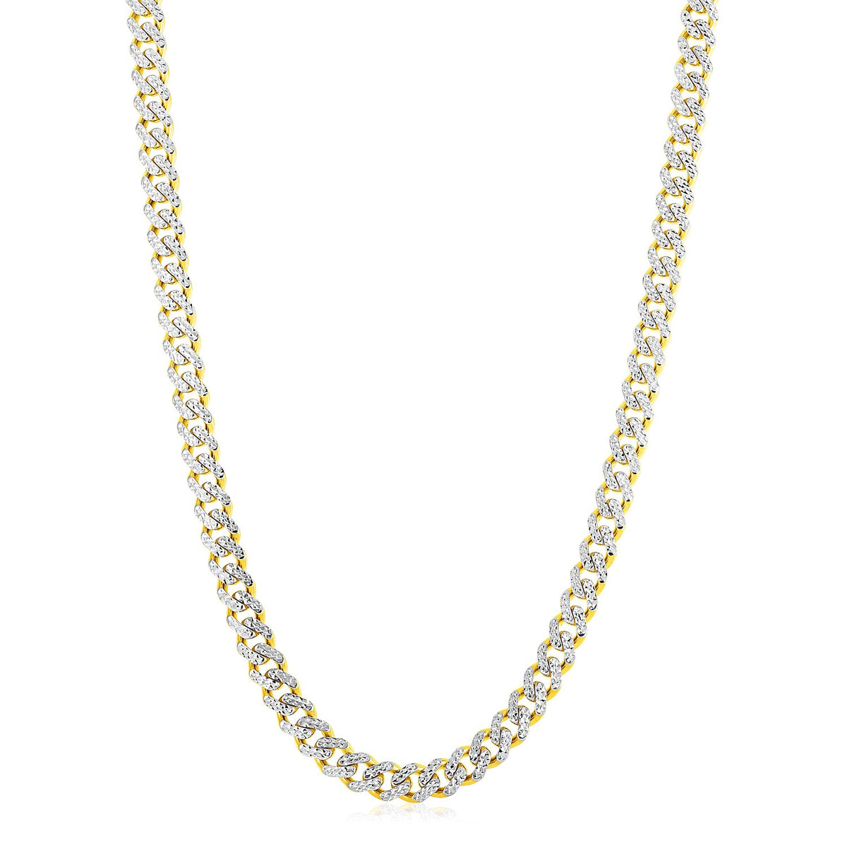 Two-tone Miami Cuban chain in 14K gold hanging in a curve