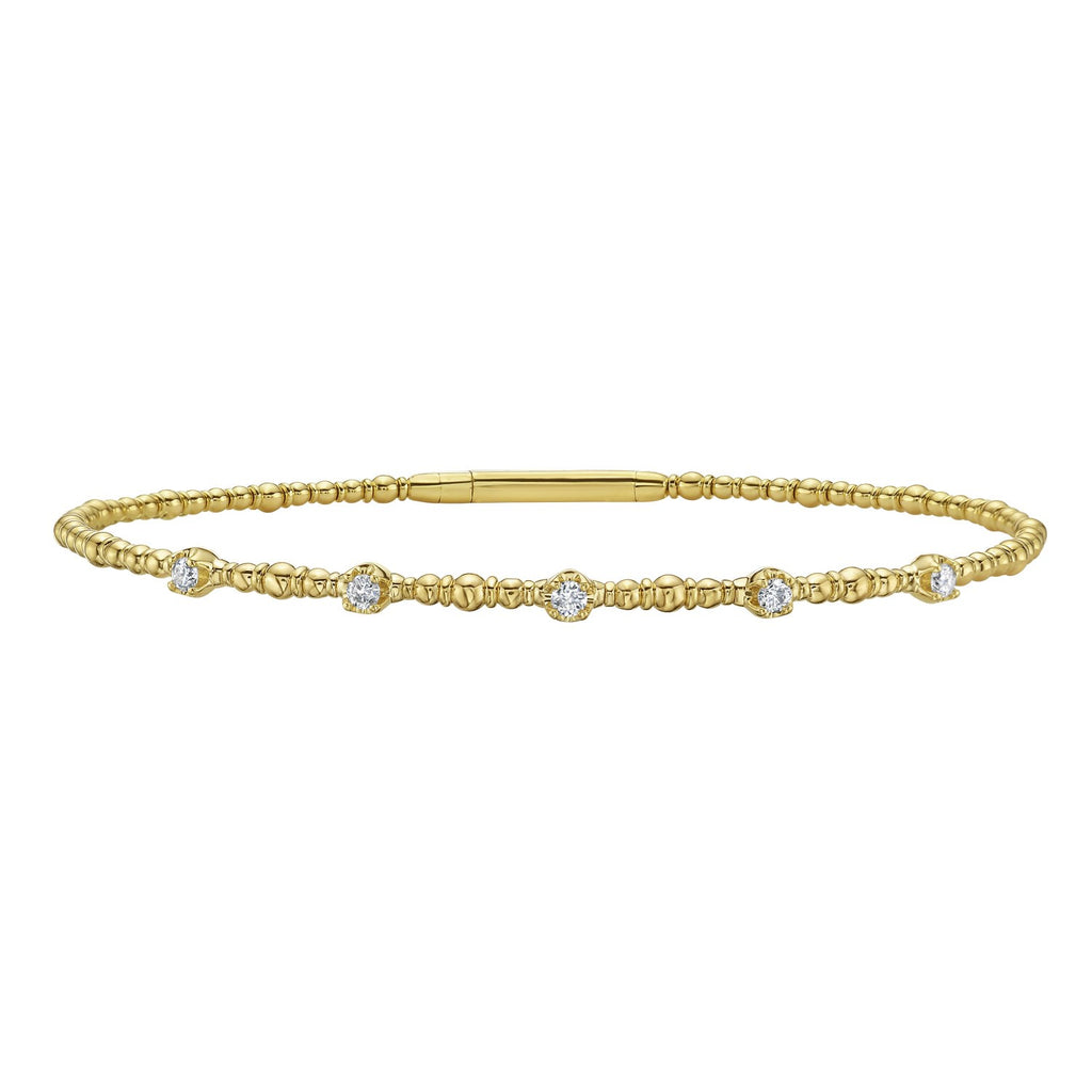 Front view of classic 14K yellow gold beaded bracelet with snap lock clasp