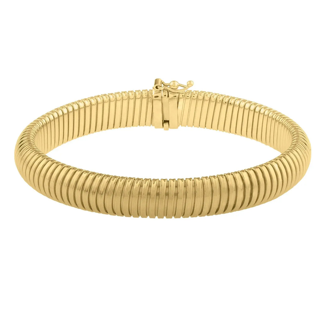 Front view of 14K yellow gold Tubogas bracelet, 9mm polished wrap design