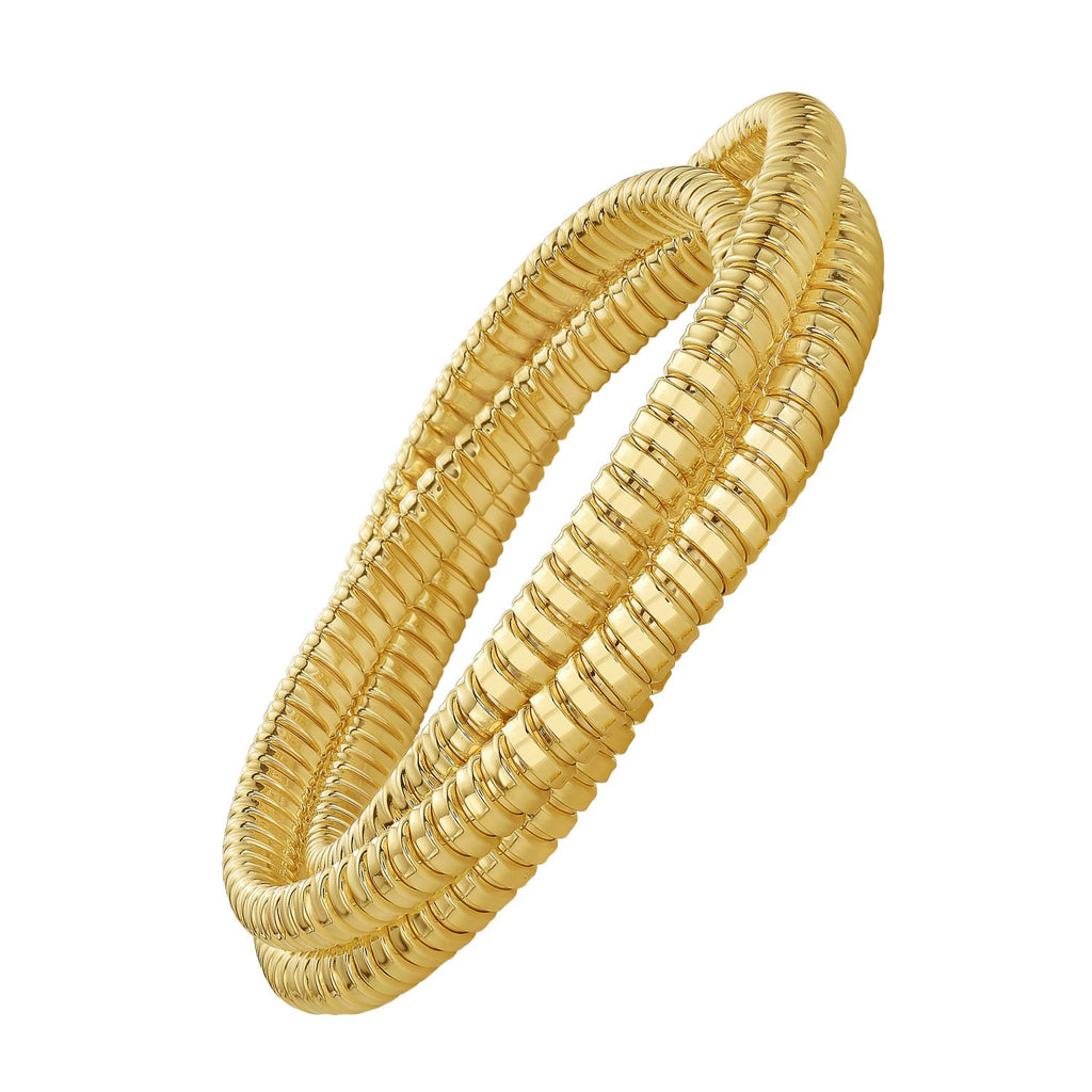 14K yellow gold tubogas wrap bangle at an angle, showing the ridged coils