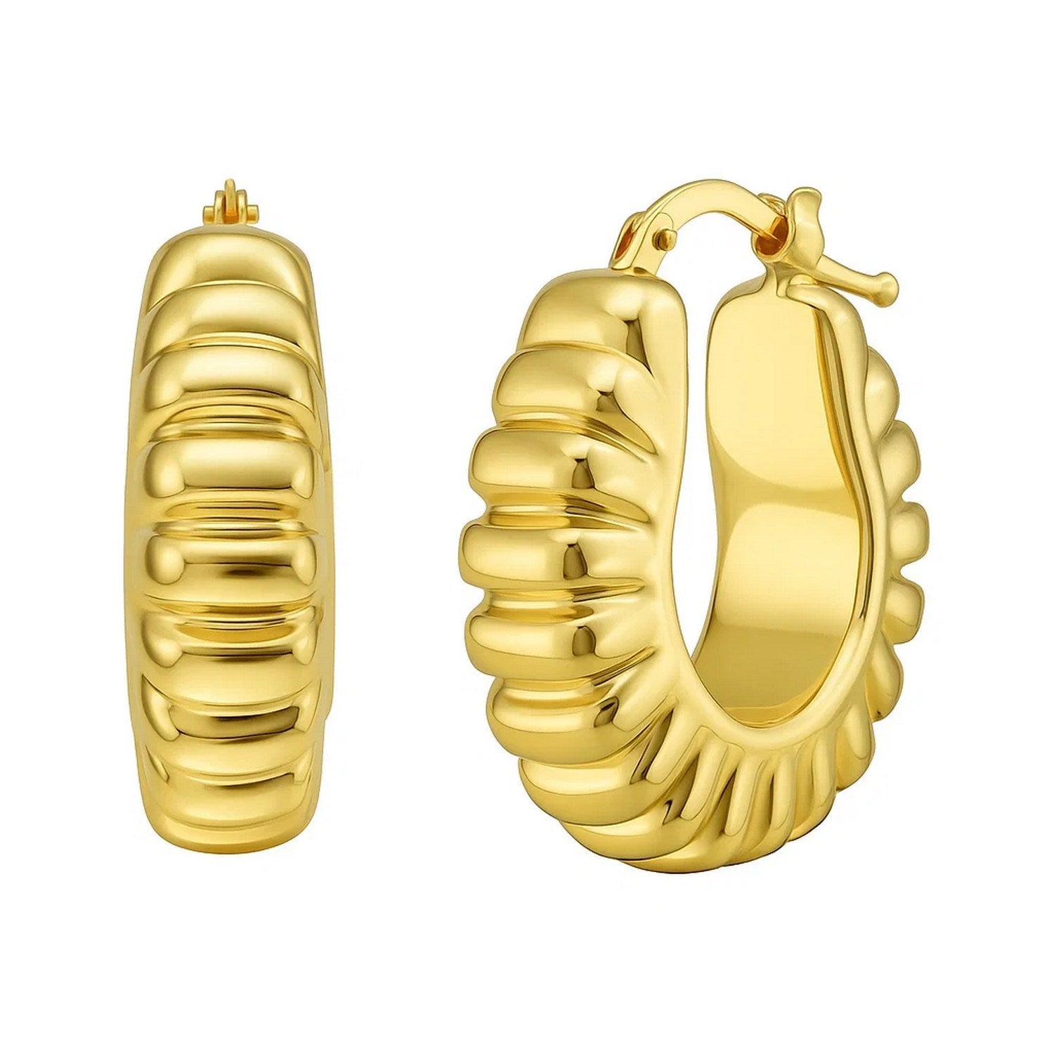 14K Gold Hoop Earrings - Polished Puffed Ribbed