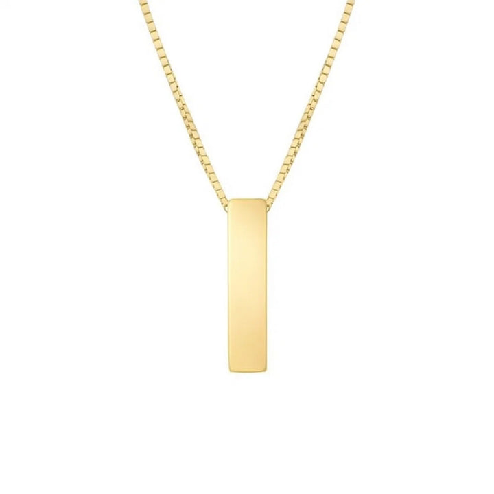 Front view of the polished block letter I in 14K yellow gold on a box chain