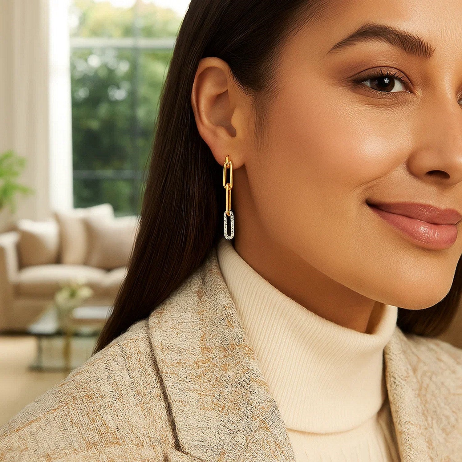 Diamond Paperclip Chain Dangle Earrings in 14K Yellow Gold