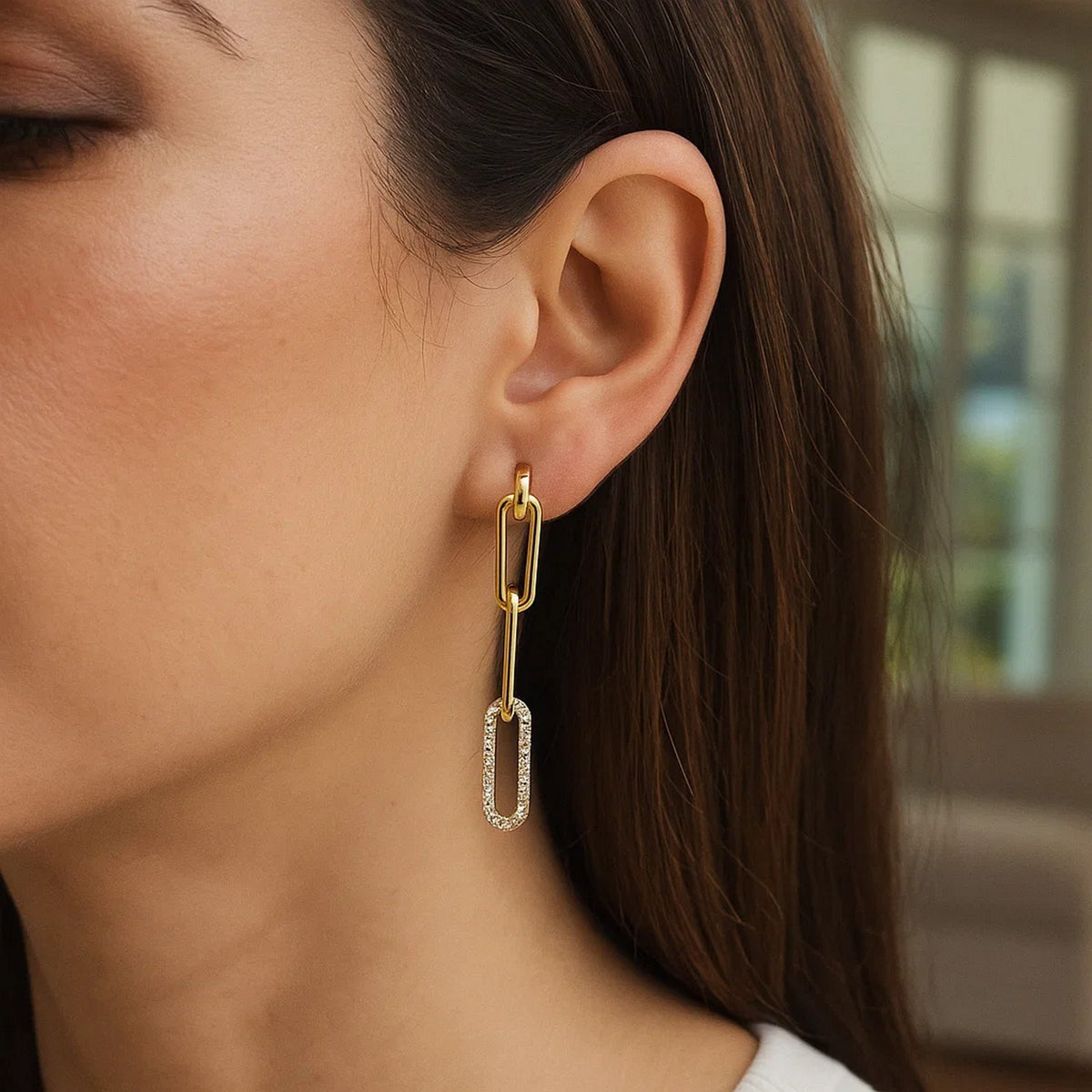 Diamond Paperclip Chain Dangle Earrings in 14K Yellow Gold