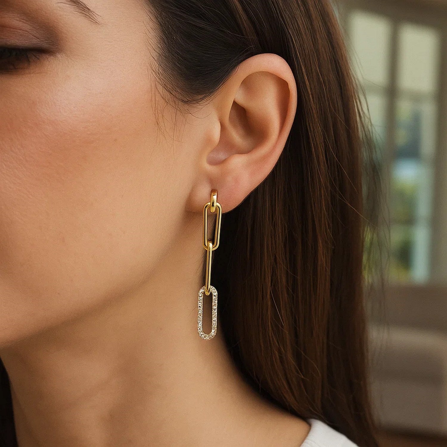 Diamond Paperclip Chain Dangle Earrings in 14K Yellow Gold