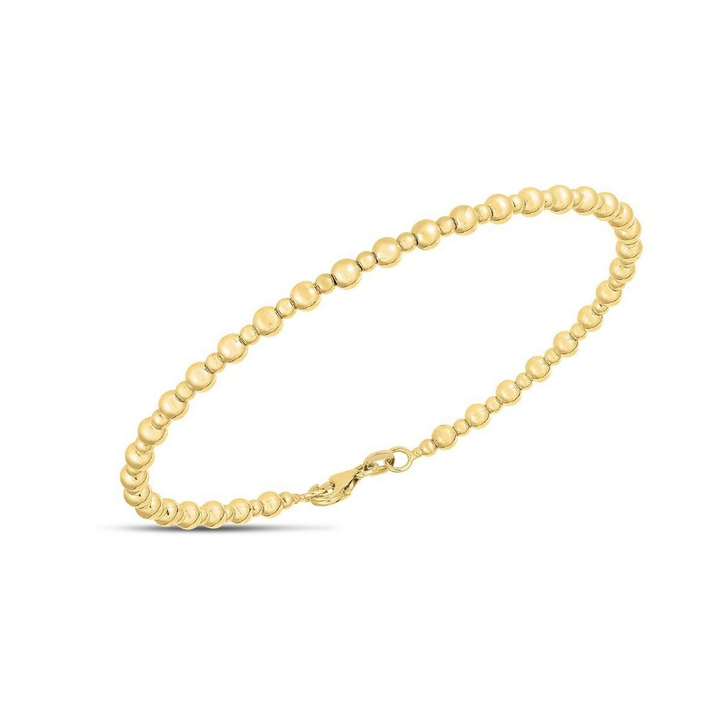 Front view of 14K yellow gold Pallina bead bracelet with lobster clasp, 3 mm width