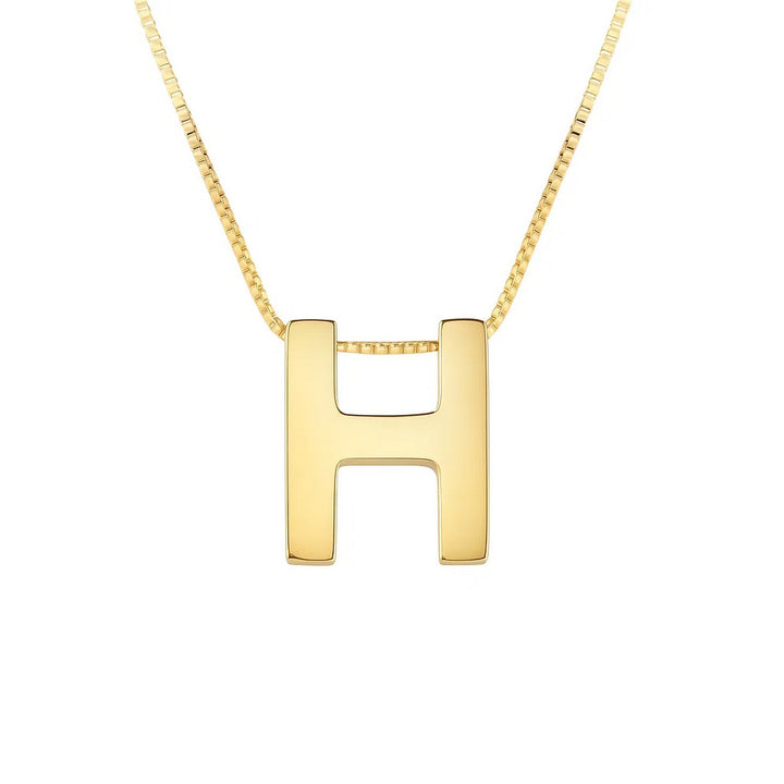 Front view of the polished block letter H in 14K yellow gold on a box chain