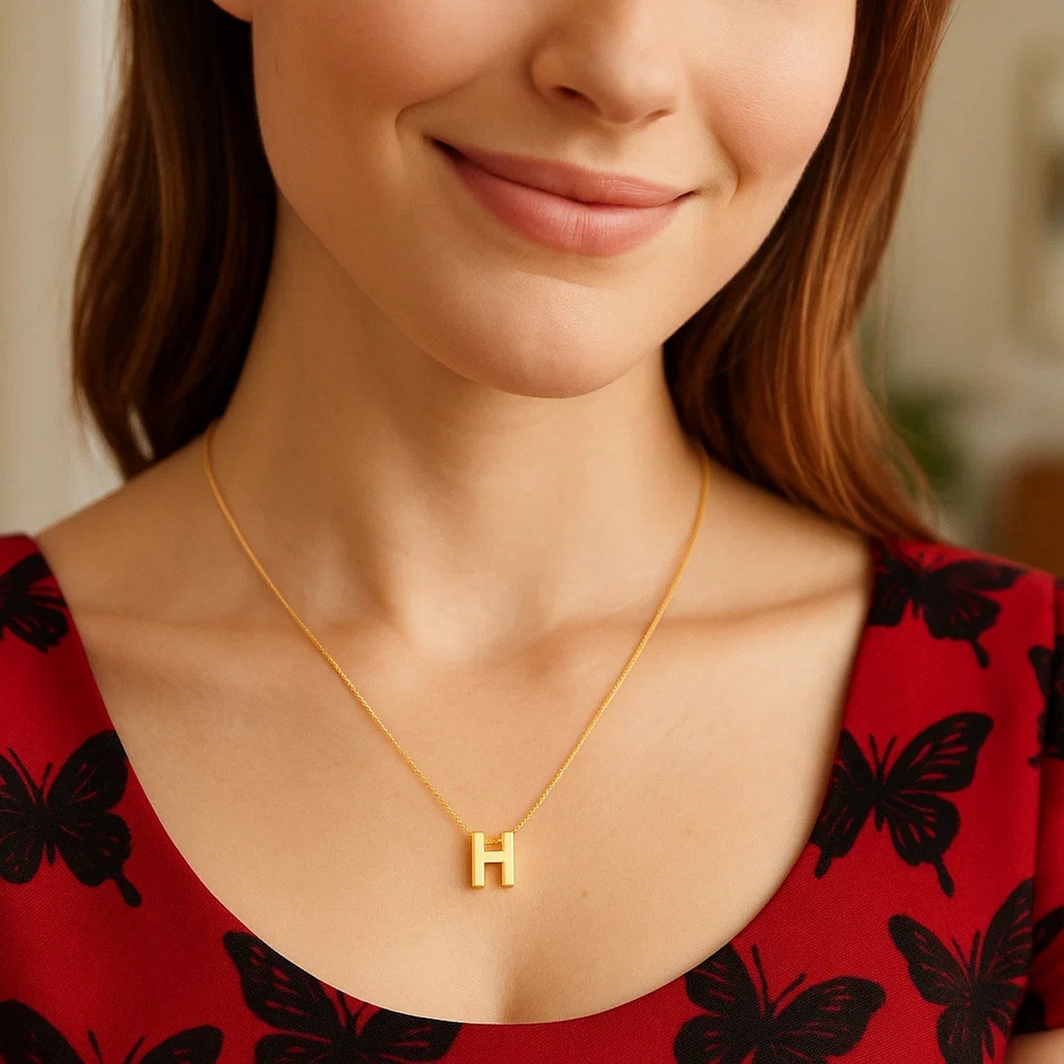 14K Yellow Gold Yours Truly Block Letter Initial H Necklace